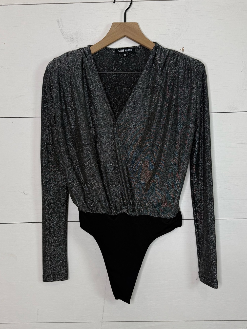 Steve Madden • Metallic Charcoal Wrap-Front Long-Sleeve Bodysuit Size Small